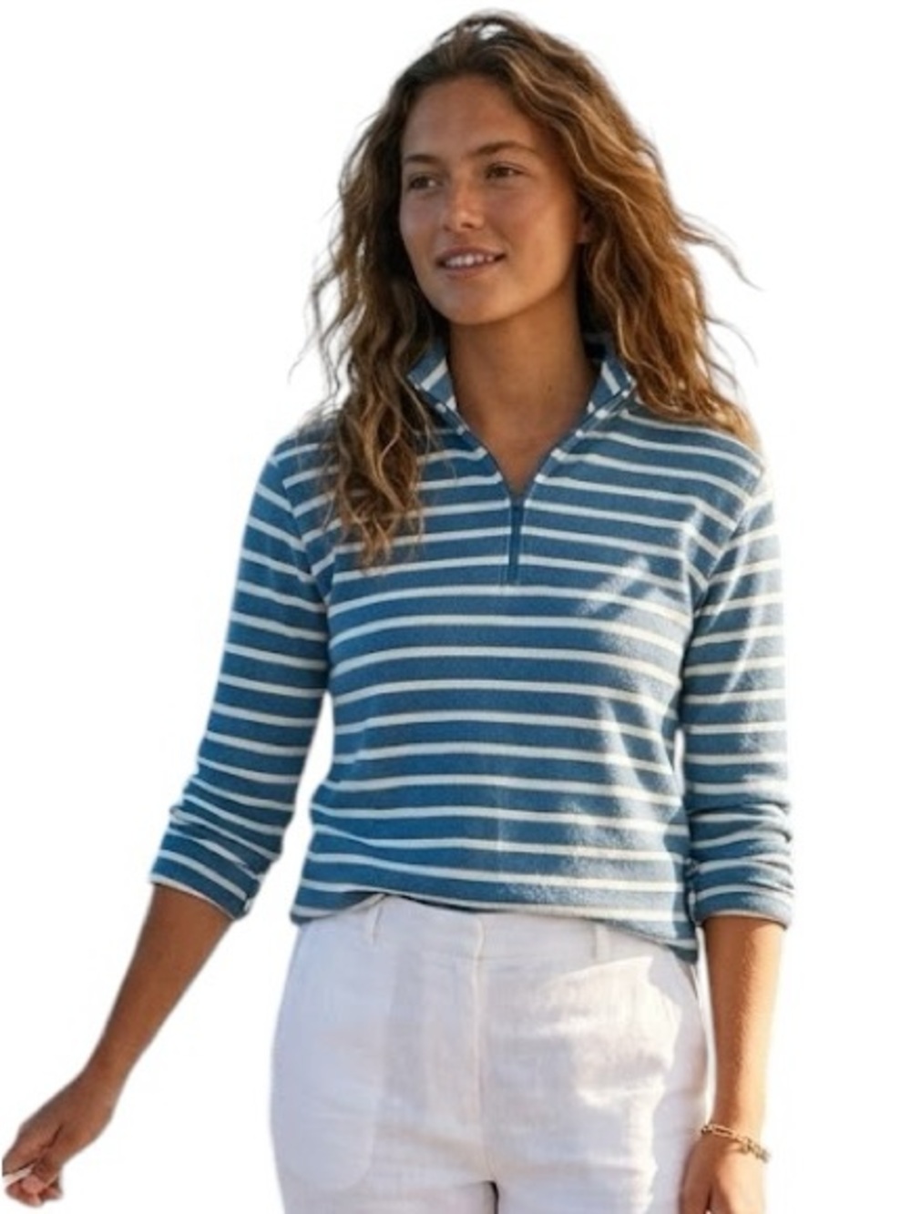 L.L. Bean Striped  Blue & White Quarter-Zip Pullover Top